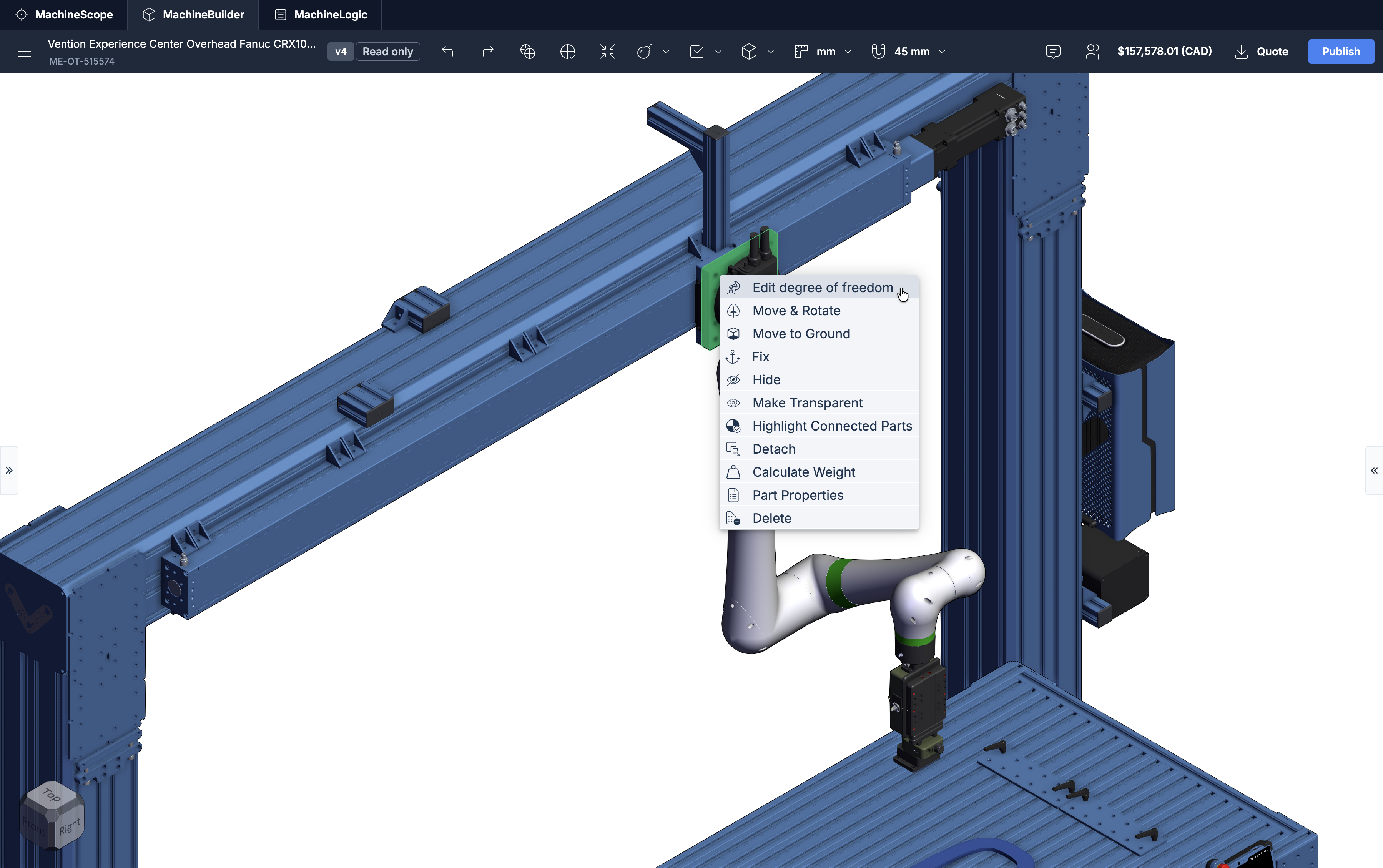 3D model showing robotic arm with options for editing and manipulating components.
